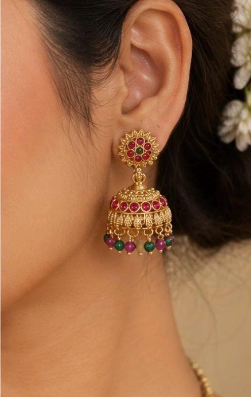 Antique Gold Temple Pendant Necklace Set with Jhumka Earrings - Image 3