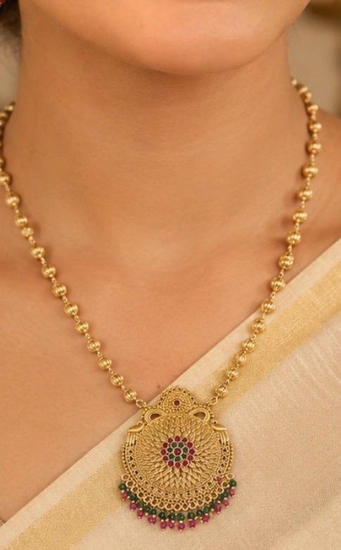 Antique Gold Temple Pendant Necklace Set with Jhumka Earrings - Image 2