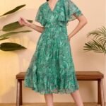 Aqua Green Georgette Paisley Printed Flared Dress