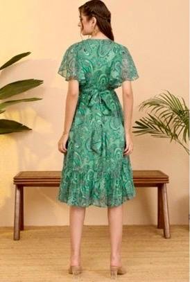 Aqua Green Georgette Paisley Printed Flared Dress - Image 3