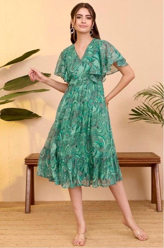 Aqua Green Georgette Paisley Printed Flared Dress