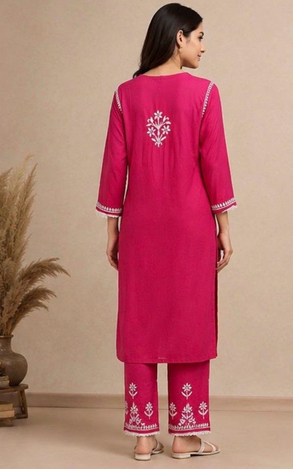 Magenta Pink Chikankari Kurta Palazzo Set - Image 3