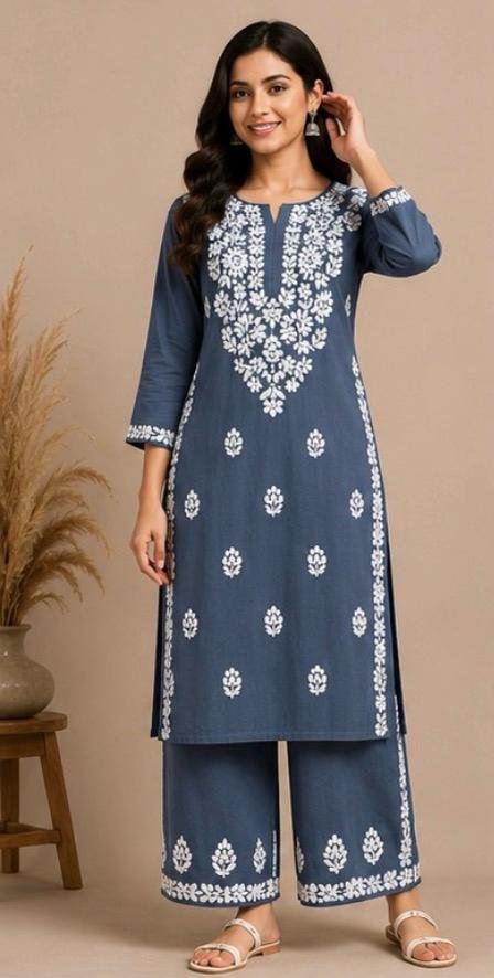 Ash Blue Chikankari Kurta Palazzo Set