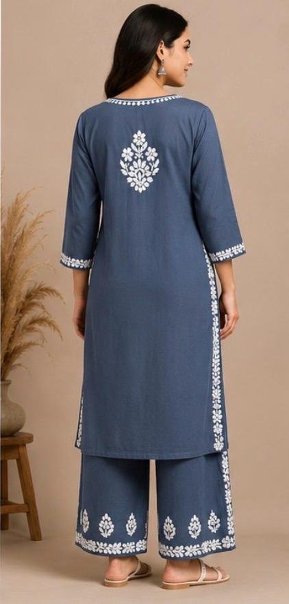 Ash Blue Chikankari Kurta Palazzo Set - Image 2