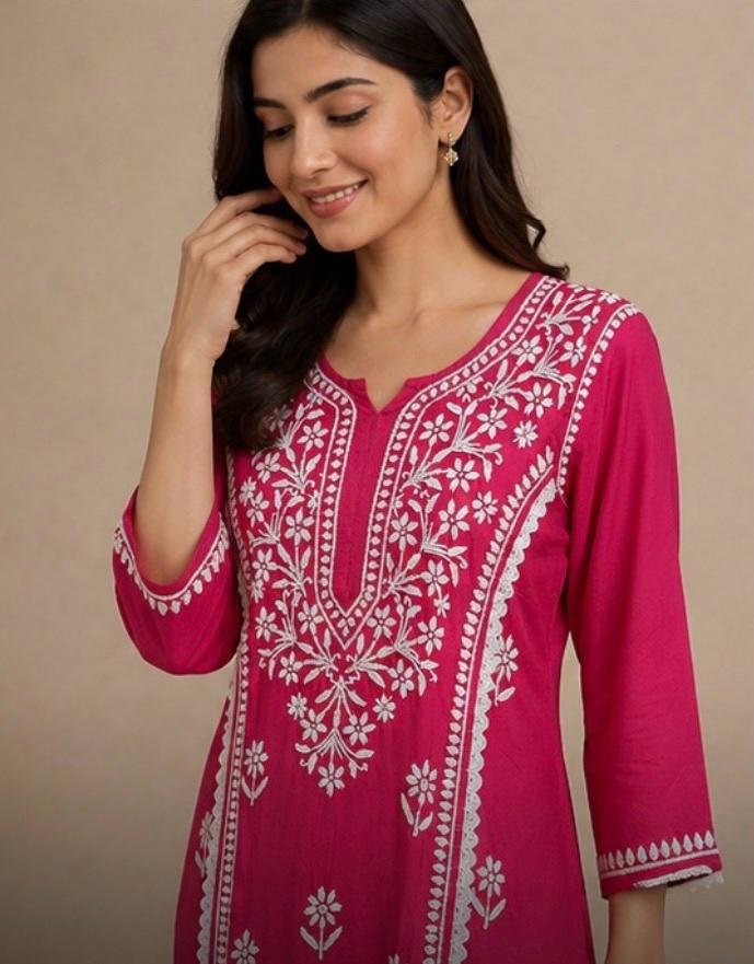 Magenta Pink Chikankari Kurta Palazzo Set - Image 2