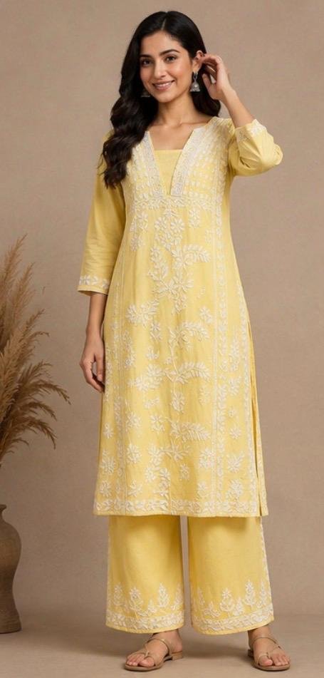 Light Lemon Yellow Chikankari Kurta Palazzo Set