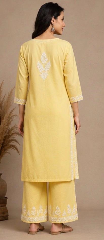 Light Lemon Yellow Chikankari Kurta Palazzo Set - Image 3