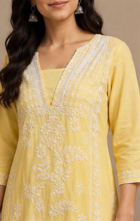 Light Lemon Yellow Chikankari Kurta Palazzo Set - Image 4