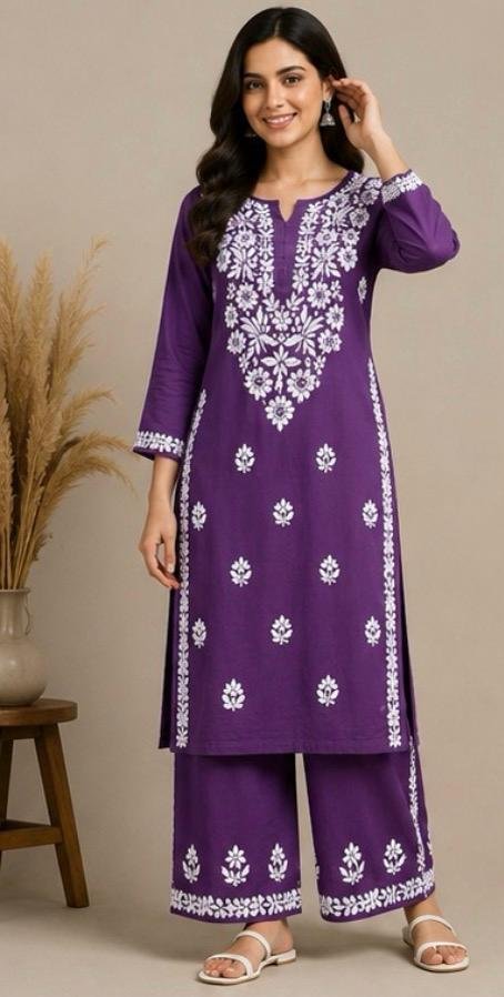 Royal Purple Chikankari Kurta Palazzo Set - Image 2