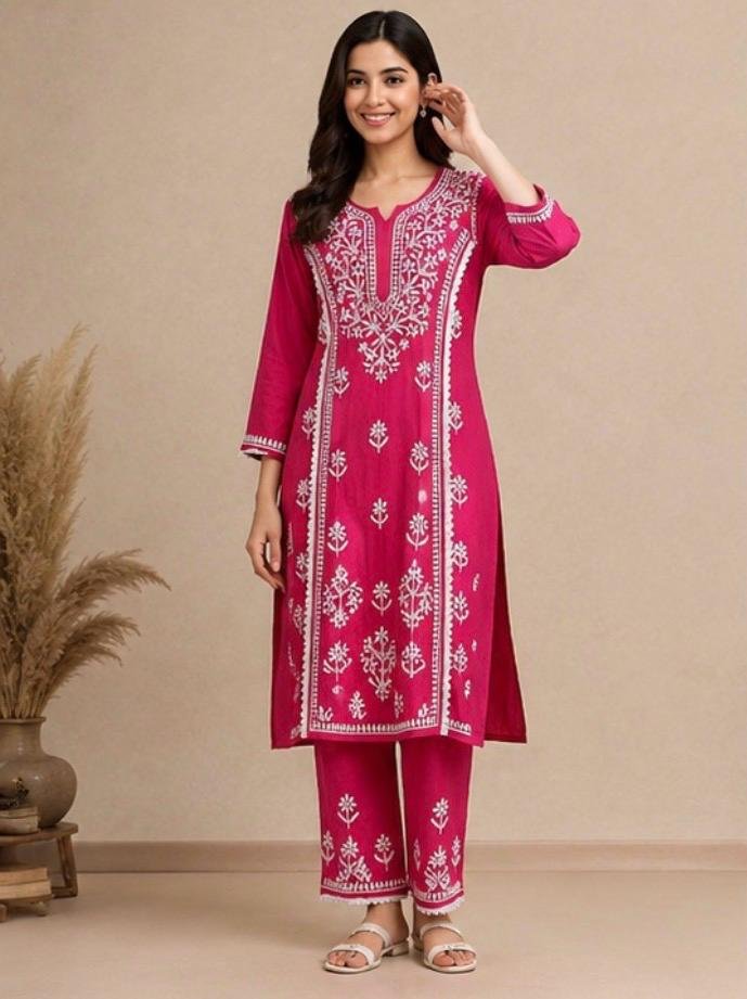 Magenta Pink Chikankari Kurta Palazzo Set