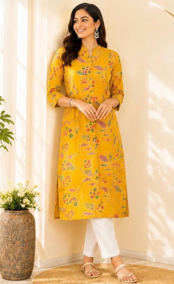 Golden Yellow Printed Cotton Kurta with White Pants - Image 2