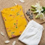 Golden Yellow Printed Cotton Kurta with White Pants