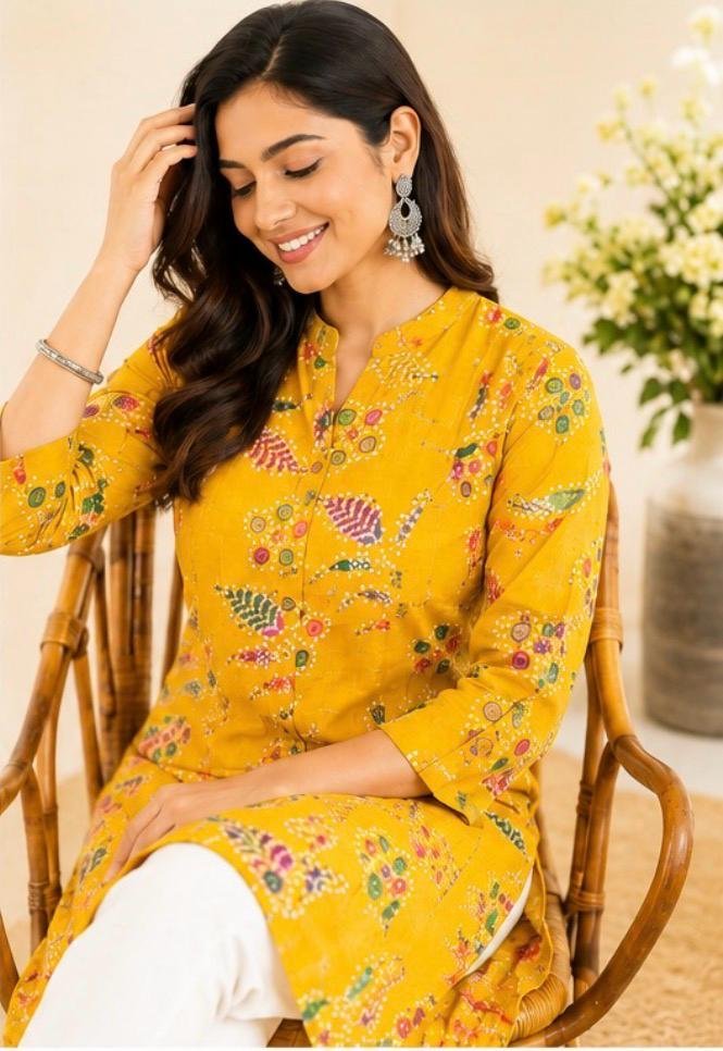 Golden Yellow Printed Cotton Kurta with White Pants - Image 3