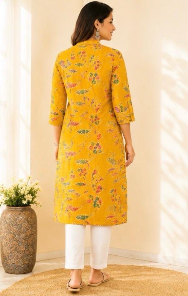 Golden Yellow Printed Cotton Kurta with White Pants - Image 4
