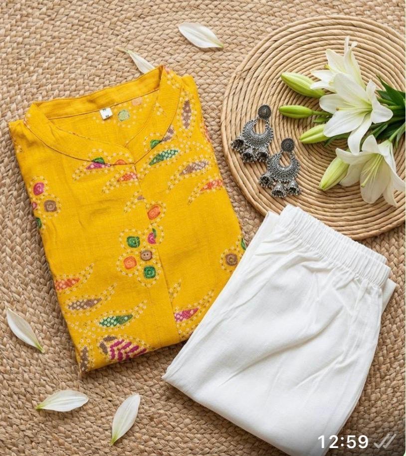 Golden Yellow Printed Cotton Kurta with White Pants