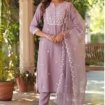 Lavender Embroidered 3-Piece Kurta Set Dupatta with Organza