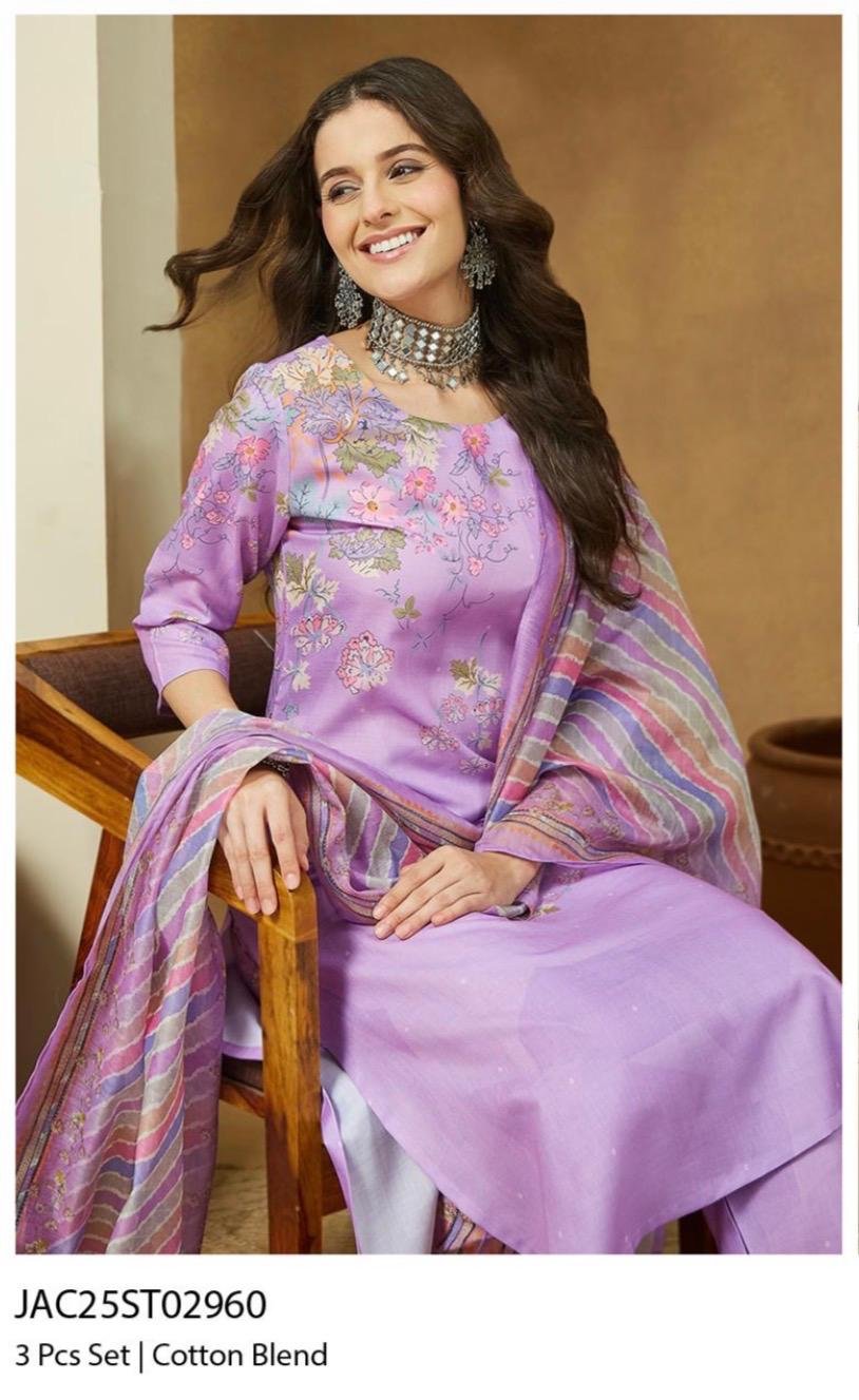 Lavender cotton blend straight 3 piece kurta set