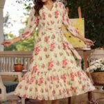 Light Yellow Georgette Floral Printed Fit & Flare Dress