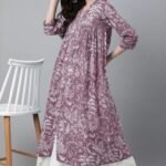 Mauve Floral Printed A-Line Kurta Dress