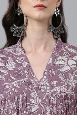 Mauve Floral Printed A-Line Kurta Dress - Image 3