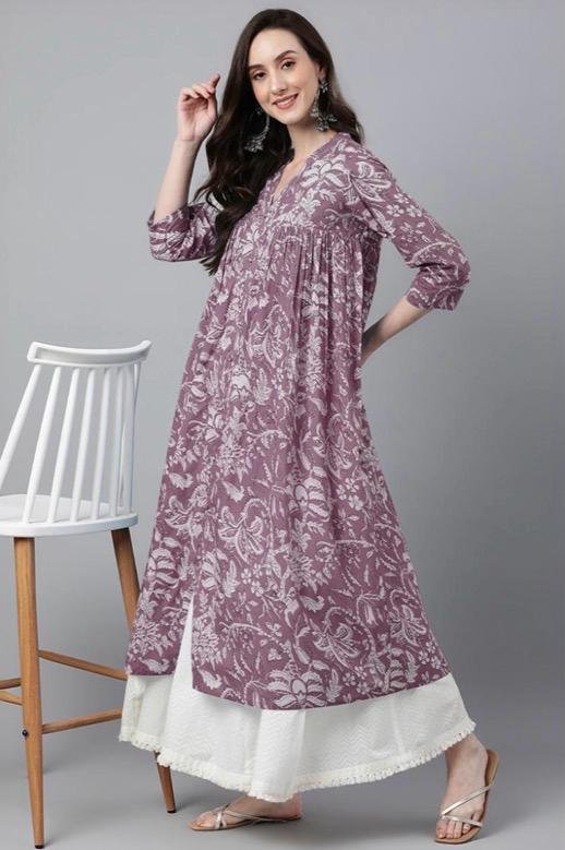 Mauve Floral Printed A-Line Kurta Dress