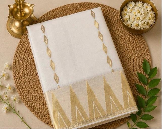 Premium Ivory Gold Geometric Tissue Kasavu Saree - Image 4
