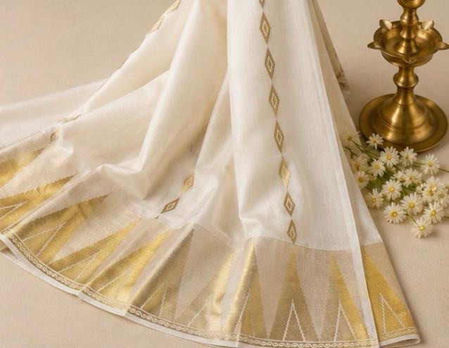 Premium Ivory Gold Geometric Tissue Kasavu Saree