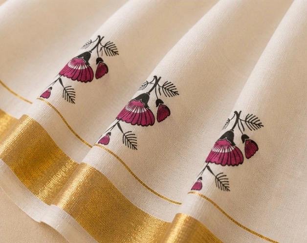 Premium Kerala Kasavu Cotton Saree with Floral Motifs & Gold Zari Border - Image 3