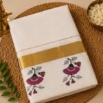 Premium Kerala Kasavu Cotton Saree with Floral Motifs & Gold Zari Border