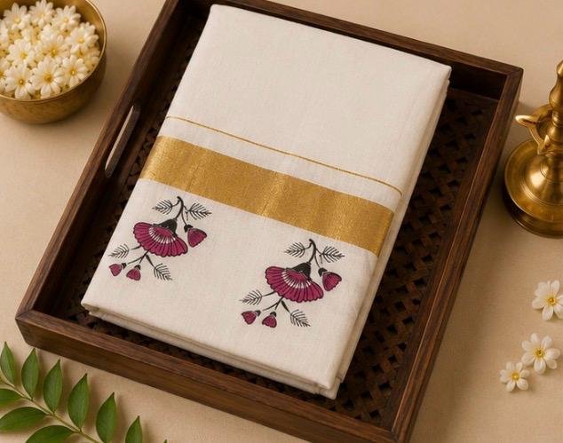 Premium Kerala Kasavu Cotton Saree with Floral Motifs & Gold Zari Border - Image 2