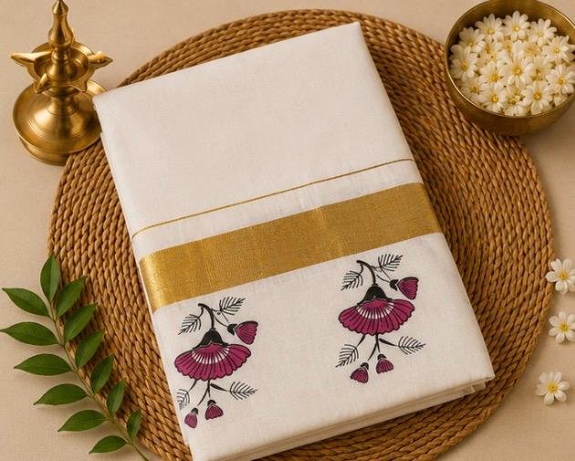 Premium Kerala Kasavu Cotton Saree with Floral Motifs & Gold Zari Border