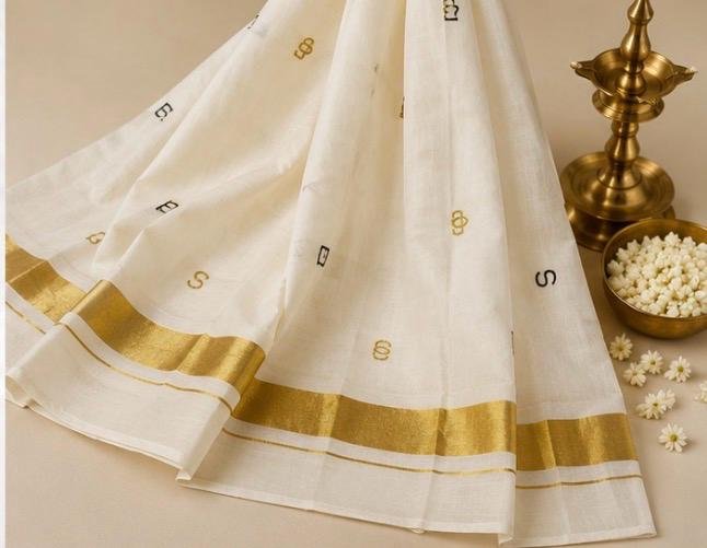 Premium Kerala Kasavu Cotton Saree with Gold Zari Border & Elegant Malayalam Letter Motifs - Image 3