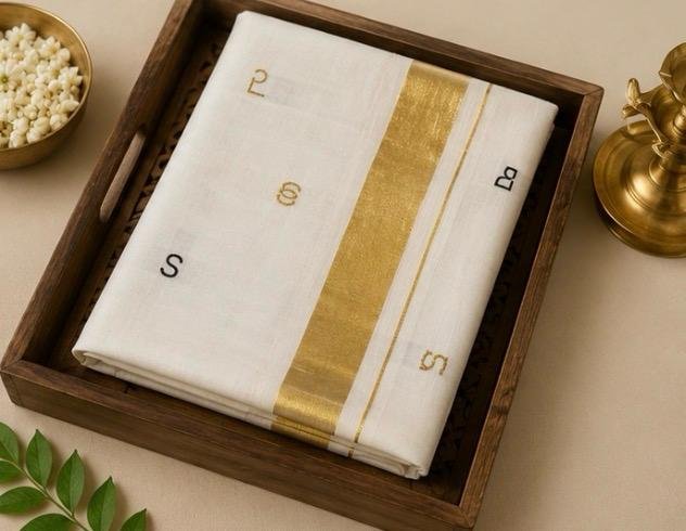 Premium Kerala Kasavu Cotton Saree with Gold Zari Border & Elegant Malayalam Letter Motifs