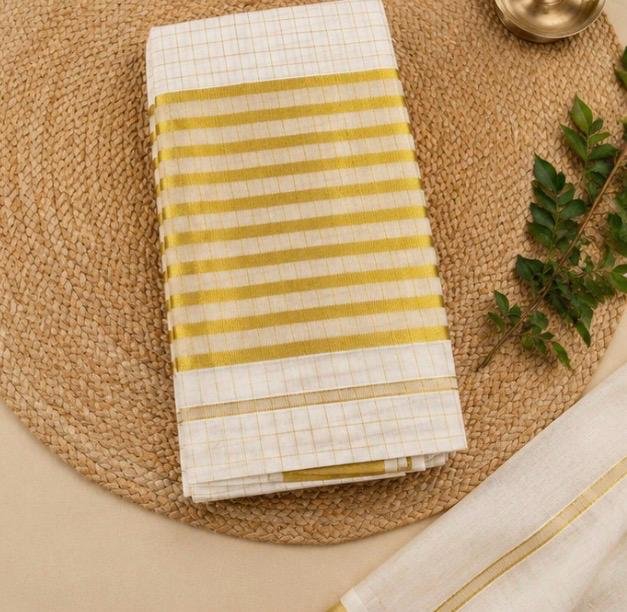 Premium Kerala Kasavu Cotton Saree with Golden Checks & Multi-Line Zari Border - Image 3