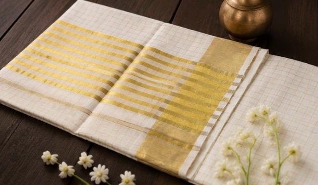 Premium Kerala Kasavu Cotton Saree with Golden Checks & Multi-Line Zari Border - Image 4