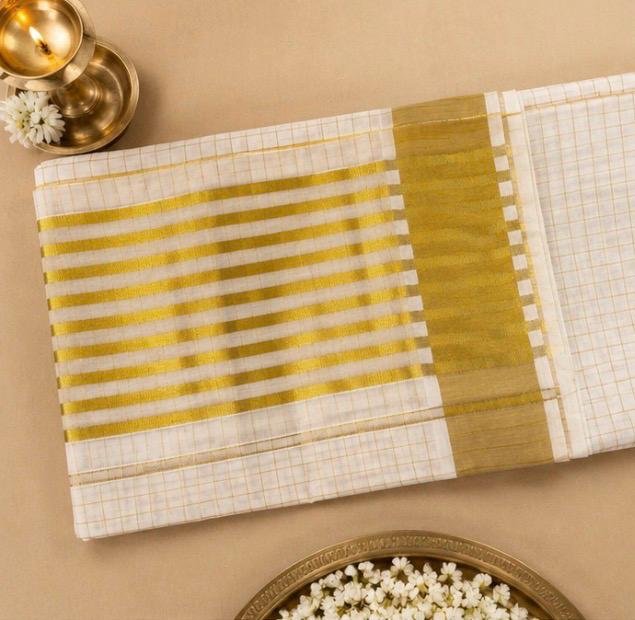 Premium Kerala Kasavu Cotton Saree with Golden Checks & Multi-Line Zari Border