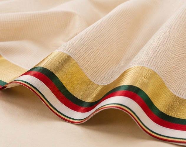 Premium Kerala Kasavu Cotton Saree with Green & Red Temple Stripe Zari Border and Tassels - Image 3