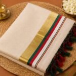 Premium Kerala Kasavu Cotton Saree with Green & Red Temple Stripe Zari Border and Tassels
