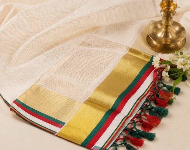 Premium Kerala Kasavu Cotton Saree with Green & Red Temple Stripe Zari Border and Tassels - Image 2