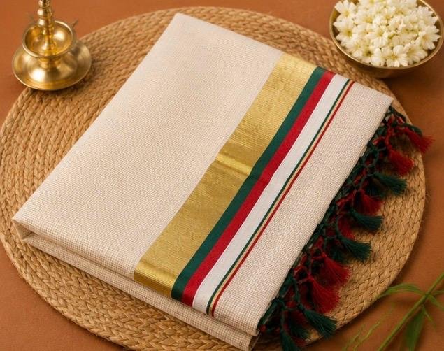 Premium Kerala Kasavu Cotton Saree with Green & Red Temple Stripe Zari Border and Tassels