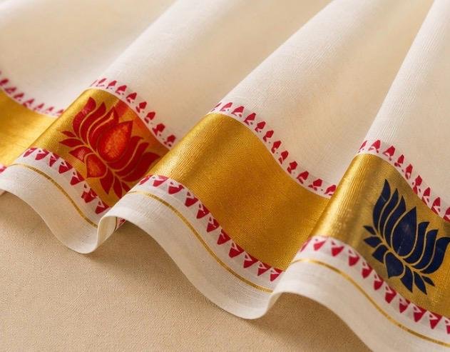 Premium Kerala Kasavu Cotton Saree with Lotus Motifs & Gold Zari Border - Image 3