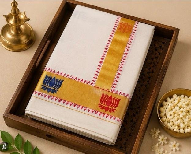 Premium Kerala Kasavu Cotton Saree with Lotus Motifs & Gold Zari Border - Image 2