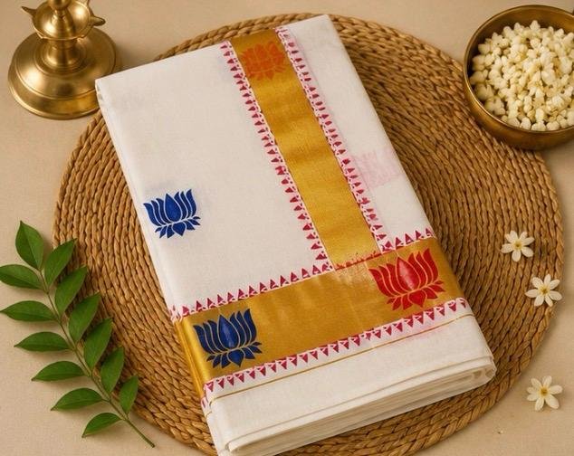 Premium Kerala Kasavu Cotton Saree with Lotus Motifs & Gold Zari Border