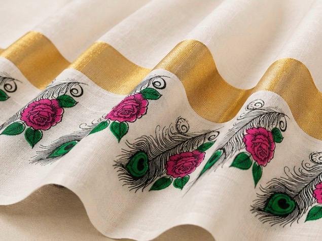 Premium Kerala Kasavu Cotton Saree with Peacock Feather, Rose Floral Border & Krishna Flute Motifs - Image 3