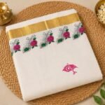 Premium Kerala Kasavu Cotton Saree with Peacock Feather, Rose Floral Border & Krishna Flute Motifs