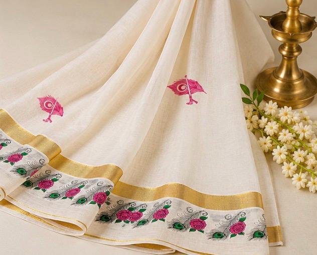 Premium Kerala Kasavu Cotton Saree with Peacock Feather, Rose Floral Border & Krishna Flute Motifs - Image 2