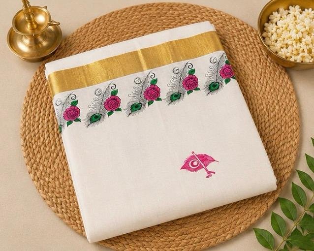 Premium Kerala Kasavu Cotton Saree with Peacock Feather, Rose Floral Border & Krishna Flute Motifs