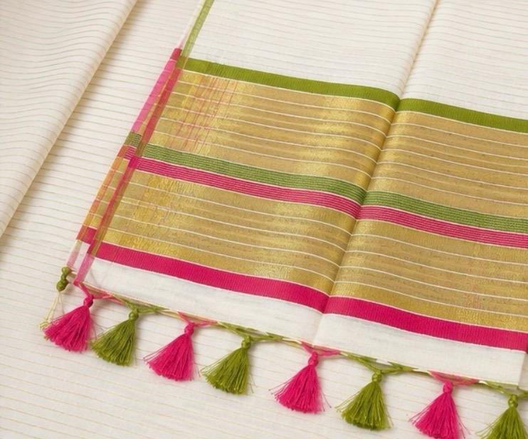 Premium Kerala Kasavu Saree with Pink & Parrot Green Zari Border - Image 4