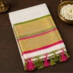 Premium Kerala Kasavu Saree with Pink & Parrot Green Zari Border