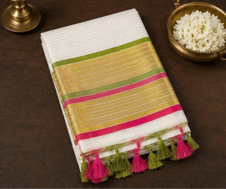 Premium Kerala Kasavu Saree with Pink & Parrot Green Zari Border